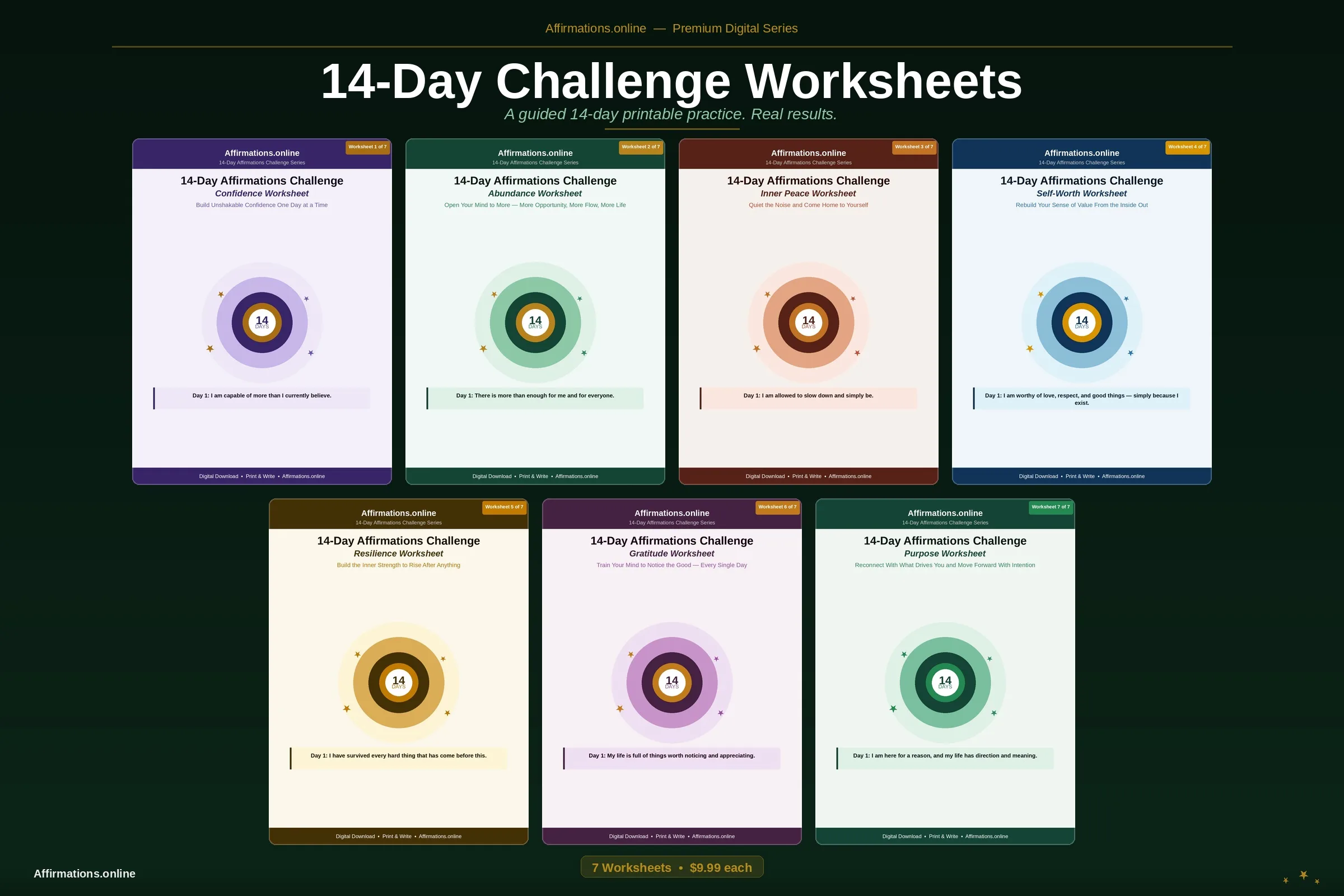 14-Day Affirmations Challenge Worksheets Series Collection