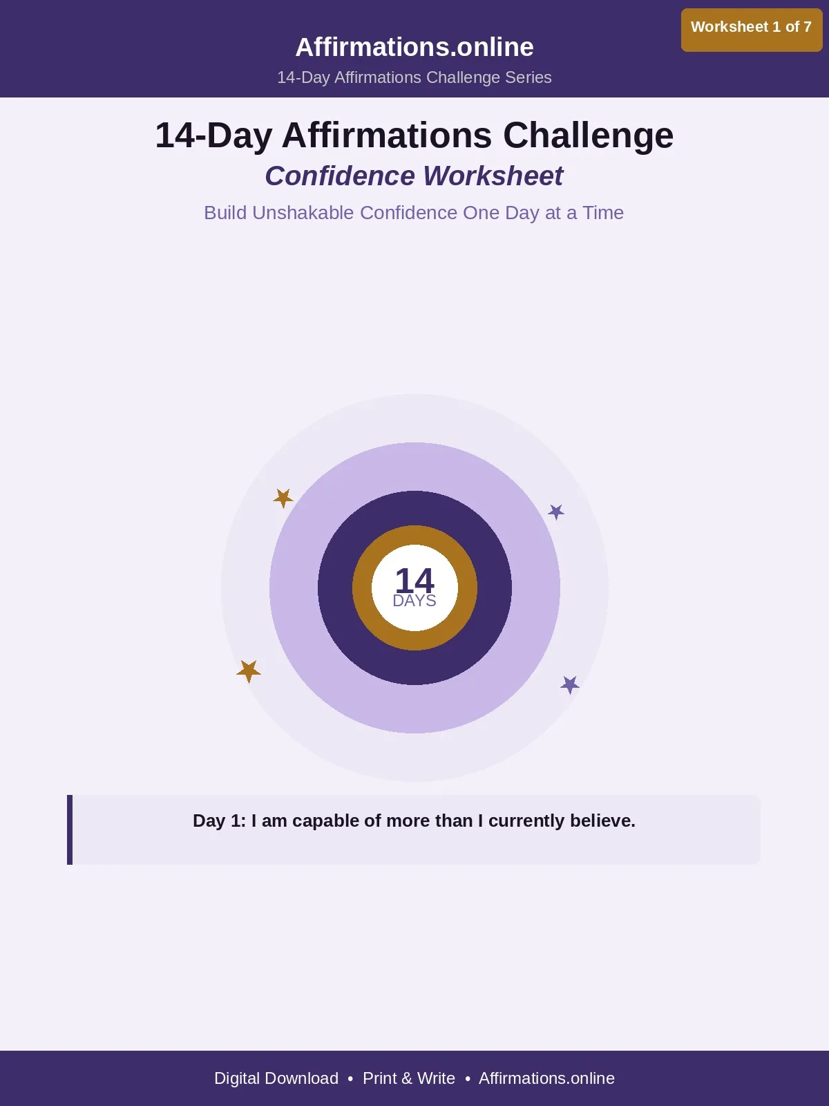 Confidence — 14-Day Affirmations Challenge Worksheet