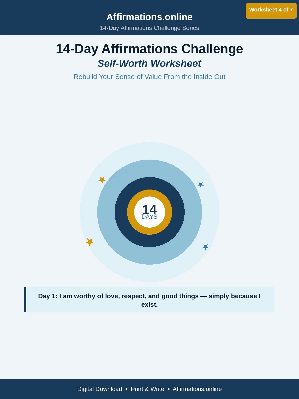 Self-Worth — 14-Day Affirmations Challenge Worksheet