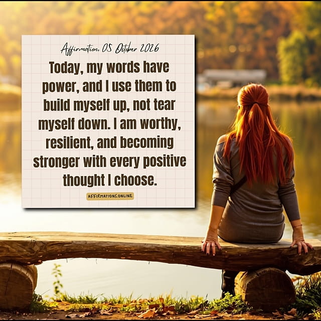 Daily Positive Affirmation for 05 October 2026, from Affirmations.online: Today, my words have power, and I use them to build myself up, not tear myself down. I am worthy, resilient, and becoming stronger with every positive thought I choose.