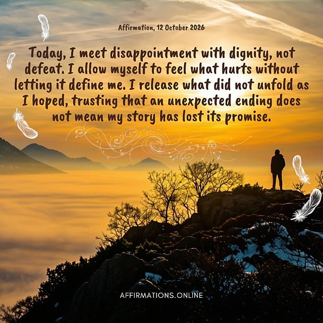 Daily Positive Affirmation for 12 October 2026, from Affirmations. online: Today, I meet disappointment with dignity, not defeat. I allow myself to feel what hurts without letting it define me. I release what did not unfold as I hoped, trusting that an unexpected ending does not mean my story has lost its promise.