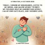 Affirmation, 14 October 2026 Daily Positive Affirmation for 14 October 2026, from Affirmations. online: Today, I honor my boundaries, listen to my needs, and allow myself to rest. My feelings help me understand myself. I am my own safe place, and I deserve love.