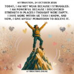 Daily Positive Affirmation for 24 October 2026, from Affirmations. online: Today, I am not weak because I struggled. I am powerful because I discovered strength in places I thought were empty. I have more within me than I know, and now, I give myself permission to believe it.