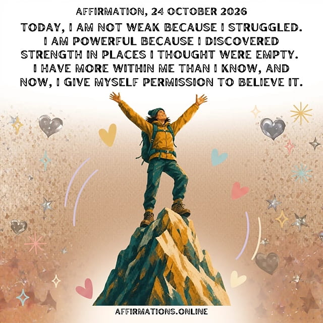 Daily Positive Affirmation for 24 October 2026, from Affirmations. online: Today, I am not weak because I struggled. I am powerful because I discovered strength in places I thought were empty. I have more within me than I know, and now, I give myself permission to believe it.