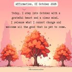 Affirmation, 01 October 2026 Daily Positive Affirmation for 01 October 2026, from Affirmations.online: Today, I step into October with a grateful heart and a clear mind. I release what I cannot change and welcome all the good that is yet to come.