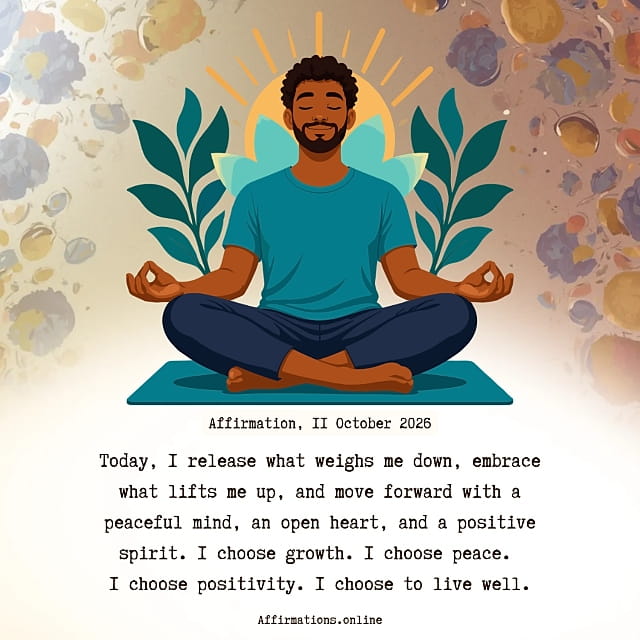 Today, I release what weighs me down, embrace what lifts me up, and move forward with a peaceful mind, an open heart, and a positive spirit. I choose growth. I choose peace. I choose positivity. I choose to live well. Daily Positive Affirmation for 11 October 2026, from Affirmations. online: Today, I release what weighs me down, embrace what lifts me up, and move forward with a peaceful mind, an open heart, and a positive spirit. I choose growth. I choose peace. I choose positivity. I choose to live well.