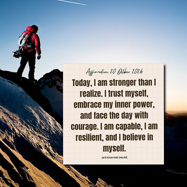 Today, I am stronger than I realize. I trust myself, embrace my inner power, and face the day with courage. I am capable, I am resilient, and I believe in myself. Daily Positive Affirmation for 20 October 2026, from Affirmations. online: Today, I am stronger than I realize. I trust myself, embrace my inner power, and face the day with courage. I am capable, I am resilient, and I believe in myself.