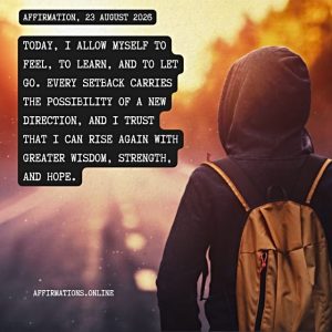 Daily Positive Affirmation for 23 August 2026, from Affirmations.online: Today, I allow myself to feel, to learn, and to let go. Every setback carries the possibility of a new direction, and I trust that I can rise again with greater wisdom, strength, and hope.