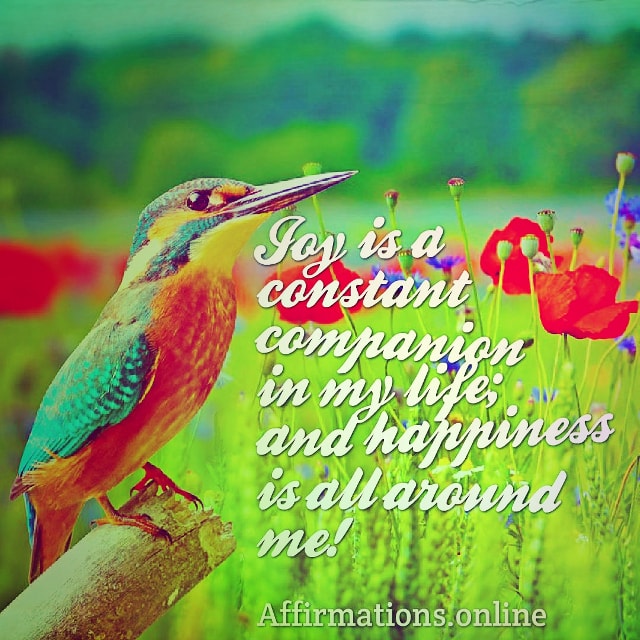 Joy is a constant companion in my life; and happiness is all around me! Positive affirmation from Affirmations.online - Joy is a constant companion in my life; and happiness is all around me!